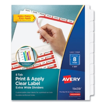 Picture of print and apply index maker clear label dividers, extra wide tab, 8-tab, 11.25 x 9.25, white, 1 set