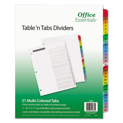 Picture of Table 'n Tabs Dividers, 31-Tab, 1 to 31, 11 x 8.5, White, Assorted Tabs, 1 Set
