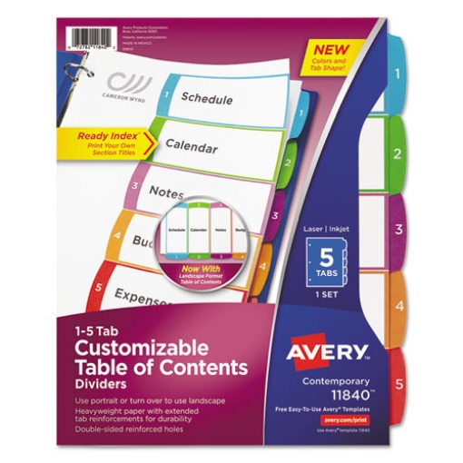 Picture of Customizable TOC Ready Index Multicolor Tab Dividers, 5-Tab, 1 to 5, 11 x 8.5, White, Contemporary Color Tabs, 1 Set
