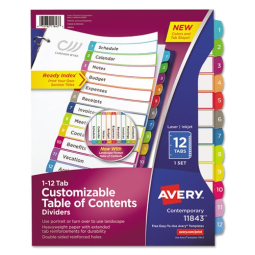 Picture of Customizable TOC Ready Index Multicolor Tab Dividers, 12-Tab, 1 to 12, 11 x 8.5, White, Contemporary Color Tabs, 1 Set