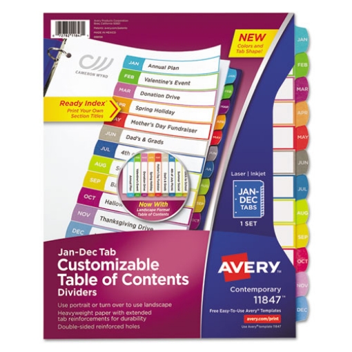 Picture of Customizable TOC Ready Index Multicolor Tab Dividers, 12-Tab, Jan. to Dec., 11 x 8.5, White, Contemporary Color Tabs, 1 Set