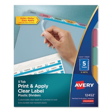 Picture of Print and Apply Index Maker Clear Label Plastic Dividers with Printable Label Strip, 5-Tab, 11 x 8.5, Assorted Tabs, 5 Sets