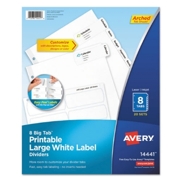 Picture of Big Tab Printable Large White Label Tab Dividers, 8-Tab, 11 x 8.5, White, 20 Sets