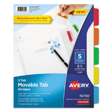 Picture of Movable Tab Dividers With Color Tabs, 5-Tab, 11 X 8.5, White, 1 Set