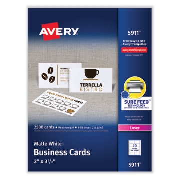 Picture of Printable Microperforated Business Cards W/sure Feed Technology, Laser, 2 X 3.5, White, 2,500 Cards, 10/sheet, 250 Sheets/box