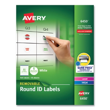 Picture of Removable Multi-Use Labels, Inkjet/Laser Printers, 1" dia, White, 63/Sheet, 15 Sheets/Pack