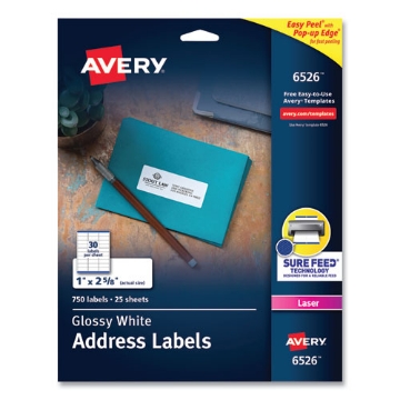 Picture of Glossy White Easy Peel Mailing Labels W/ Sure Feed Technology, Laser Printers, 1 X 2.63, White, 30/sheet, 25 Sheets/pack