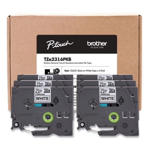 Picture of TZe Series Standard Adhesive Laminated Labeling Tape, 0.5", Black on White, 6/Pack