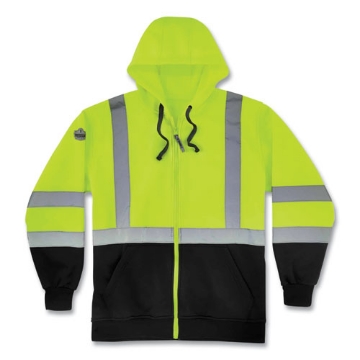 Picture of GloWear 8372 ZipUp HiVis Class 3 Zip Hood Sweatshirt w/ Black Bottom, Polar Fleece, Lime, Medium, Ships in 1-3 Business Days