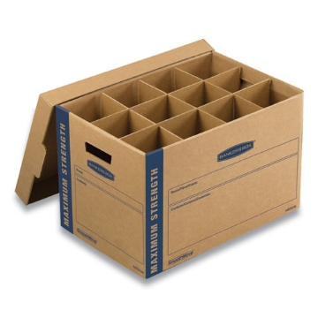 Picture of SmoothMove Kitchen Moving Kit with Dividers + Foam, Half Slotted Container (HSC), Medium, 12.25" x 18.5" x 12", Brown/Blue