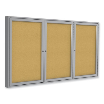 Picture of 3 Door Enclosed Natural Cork Bulletin Board with Satin Aluminum Frame, 96 x 48, Tan Surface, Ships in 7-10 Business Days