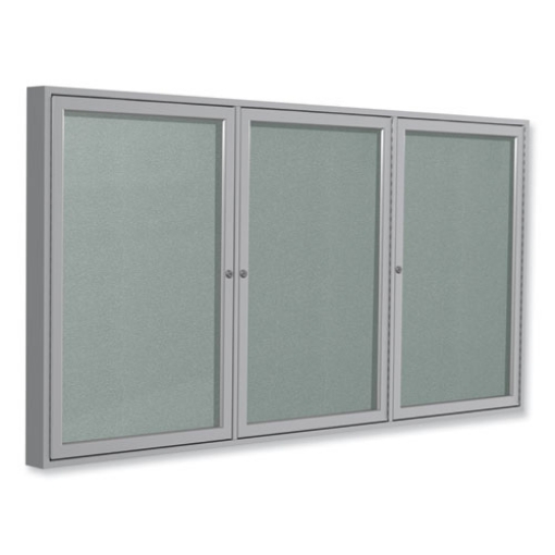 Picture of 3 Door Enclosed Vinyl Bulletin Board with Satin Aluminum Frame, 96 x 48, Silver Surface, Ships in 7-10 Business Days