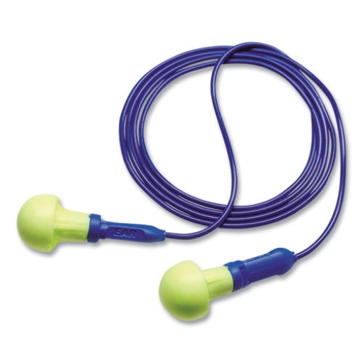 Picture of E-A-R Push-Ins Single Use Earplugs, Corded, 28 dB NRR, Blue/Yellow, 200 Pairs