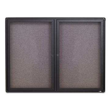 Picture of Enclosed Indoor Fabric Bulletin Board with Two Hinged Doors, 48 x 36, Gray Surface, Graphite Aluminum Frame