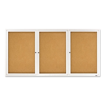 Picture of Enclosed Indoor Cork Bulletin Board with Three Hinged Doors, 72 x 36, Tan Surface, Silver Aluminum Frame