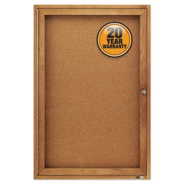Picture of Enclosed Indoor Cork Bulletin Board with One Hinged Door, 24 x 36, Tan Surface, Oak Fiberboard Frame