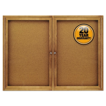 Picture of Enclosed Indoor Cork Bulletin Board with Two Hinged Doors, 48 x 36, Tan Surface, Oak Fiberboard Frame