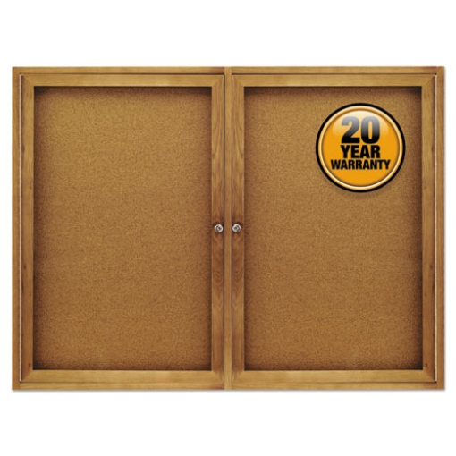 Picture of Enclosed Indoor Cork Bulletin Board with Two Hinged Doors, 48 x 36, Tan Surface, Oak Fiberboard Frame