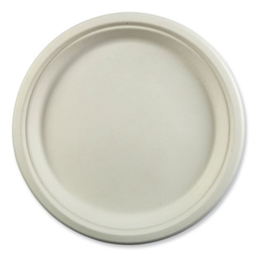 Picture of bagasse pfas-free dinnerware, plate, 10.27" dia, white, 500/carton