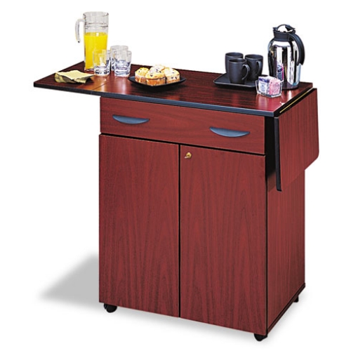Picture of Hospitality Cart with Drop Leaves, Engineered Wood, 3 Shelves, 1 Drawer, 32.5" to 56.25" x 20.5" x 38.75", Mahogany
