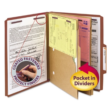 Picture of 6-Section Pressboard Top Tab Pocket Classification Folders, 6 SafeSHIELD Fasteners, 2 Dividers, Letter Size, Red, 10/Box