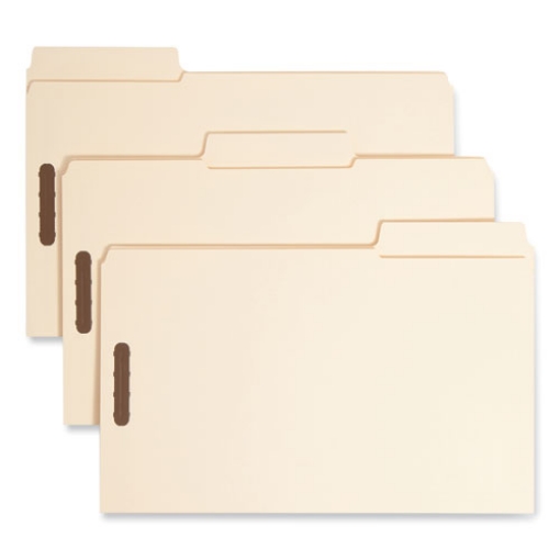 Picture of supertab reinforced guide height fastener folders, 14-pt manila, 0.75" expansion, 2 fasteners, legal size, manila, 50/box