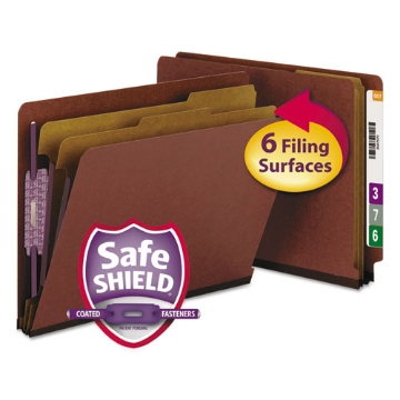 Picture of End Tab Pressboard Classification Folders, Six SafeSHIELD Fasteners, 2" Expansion, 2 Dividers, Letter Size, Red, 10/Box