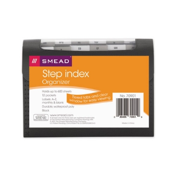 Picture of Step Index Organizer, 12 Sections, Cord/Hook Closure, 1/6-Cut Tabs, Letter Size, Black