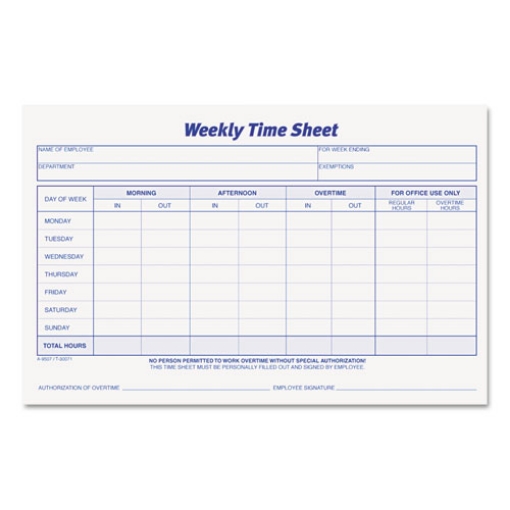 Picture of Weekly Time Sheets, One-Part (No Copies), 8.5 x 5.5, 50 Forms/Pad, 2 Pads/Pack