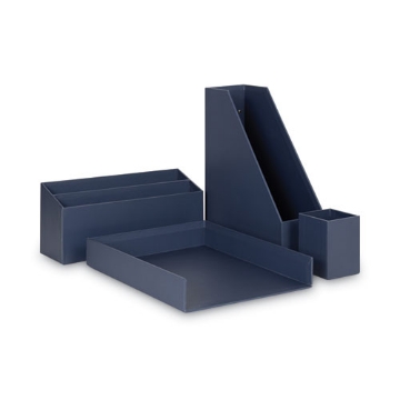 Picture of Four-Piece Desk Organization Kit, Magazine Holder/Paper Tray/Pencil Cup/Storage Bin, Chipboard, Navy