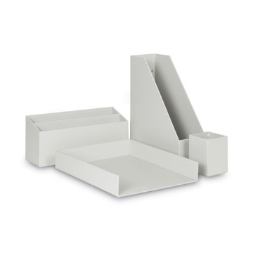 Picture of Four-Piece Desk Organization Kit, Magazine Holder/Paper Tray/Pencil Cup/Storage Bin, Chipboard, Gray