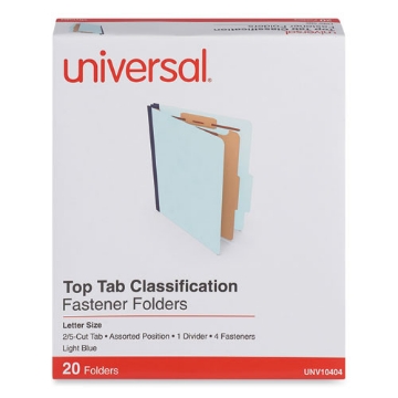 Picture of Four-Section Pressboard Classification Folders, 1.75" Expansion, 1 Divider, 4 Fasteners, Letter Size, Light Blue, 20/Box