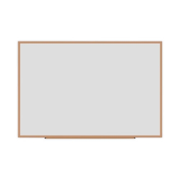 Picture of deluxe melamine dry erase board, 72 x 48, melamine white surface, oak fiberboard frame