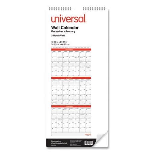 Picture of Three-Month Wall Calendar, 12 x 27, White/Black/Red Sheets, 14-Month, Dec 2023 to Jan 2025