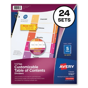 Picture of customizable toc ready index multicolor tab dividers, uncollated, 5-tab, 1 to 5, 11 x 8.5, white, 24 sets