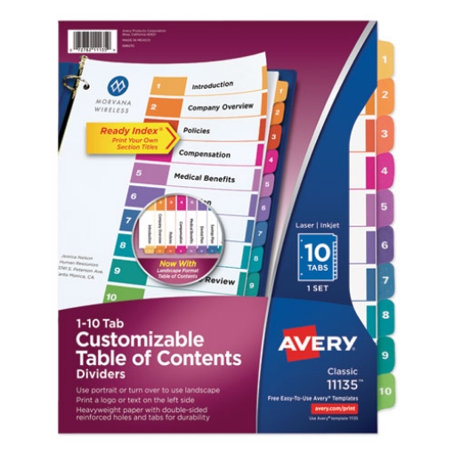 Picture of Customizable TOC Ready Index Multicolor Tab Dividers, 10-Tab, 1 to 10, 11 x 8.5, White, Traditional Color Tabs, 1 Set