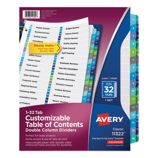 Picture of customizable toc ready index double column multicolor tab dividers, 32-tab, 1 to 32, 11 x 8.5, white, 1 set