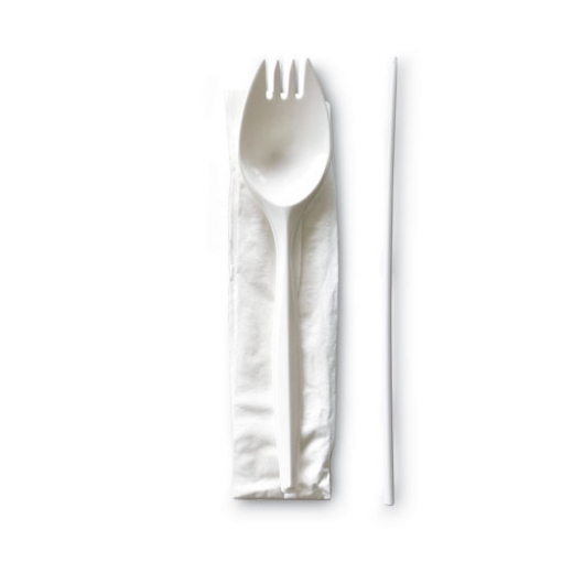 Picture of School Cutlery Kit, Napkin/spork/straw, White, 1000/carton